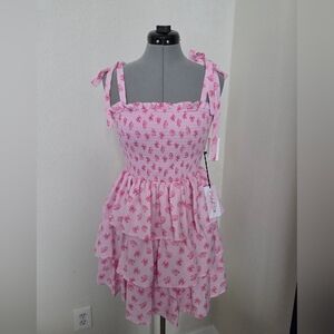 Midnight Doll Wool Dobby Print Square Neck Tie Strap Tiered  Dress